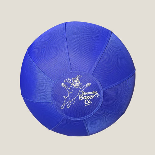 Bouncing Boxer Co Boxer Ball - large blue dog ball toy with jumping Boxer dog logo