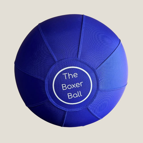 Bouncing Boxer Co Boxer Ball - back view of large blue dog ball toy with The Boxer Ball logo