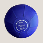 The Boxer Ball – back view of the large blue textured dog toy ball with Bouncing Boxer Co logo