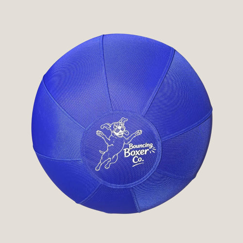 The Boxer Ball – a large blue textured dog toy with the Bouncing Boxer Co. logo, shown on a cream background