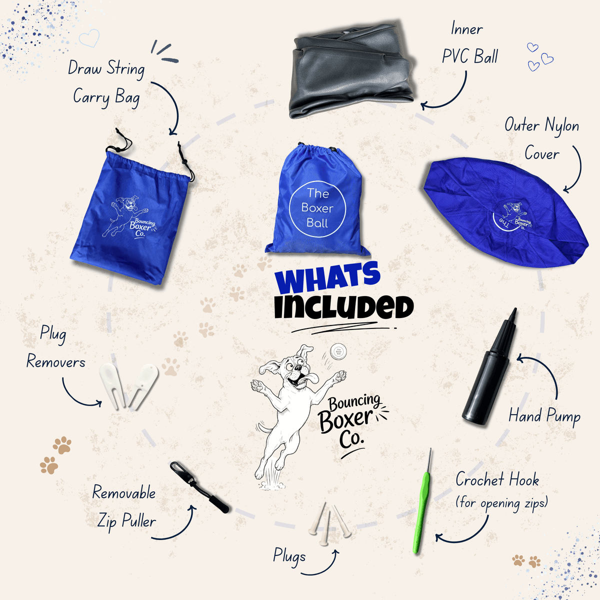 Bouncing Boxer Co Boxer Ball what's included - carry bag, inner PVC ball, outer nylon cover, hand pump, crochet hook, plugs, and zip pullers