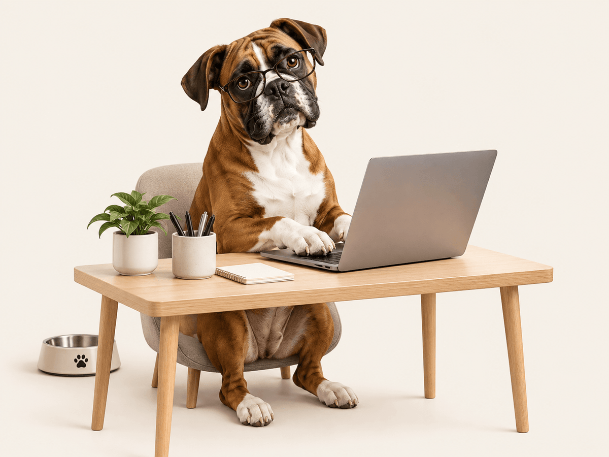 Boxer dog wearing glasses working at a laptop – Bouncing Boxer Co customer support